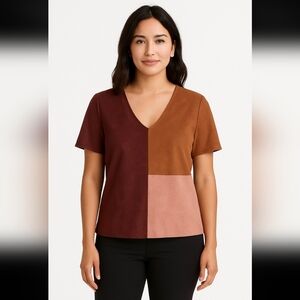 Marc New York Andrew Marc Maroon Brown Yellow Faux Suede Short Sleeve Top S